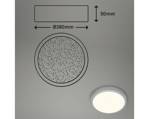 Technische Zeichnung einer runden Deckenleuchte mit einem Durchmesser von 380 Millimeter und einer Höhe von 50 Millimeter