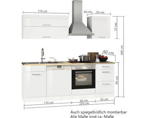 Küchenzeile mit Spüle, Geschirrspüler, Kochfeld, Backofen, Dunstabzugshaube und Hängeschränken mit Maßangaben
