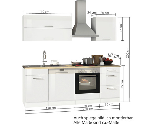 Komplette Küchenzeile mit Spüle, Geschirrspüler, Herd, Backofen, Dunstabzugshaube und Hängeschränken