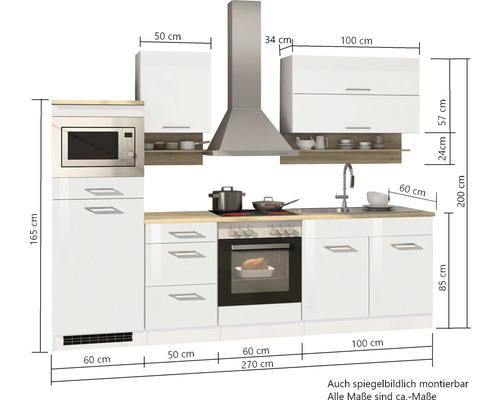 Küchenzeile mit Spüle, Herd, Backofen, Mikrowelle, Dunstabzugshaube und Maßen