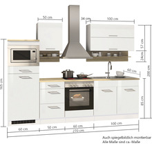Cuisine avec évier, cuisinière, four, micro-ondes et hotte aspirante avec dimensions