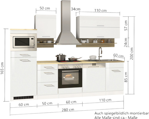 Cuisine linéaire avec éléments bas, éléments hauts, hotte aspirante et appareils intégrés avec dimensions