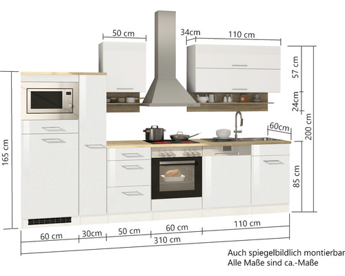 Cuisine complète avec appareils, évier, cuisinière, hotte aspirante, micro-ondes et dimensions.