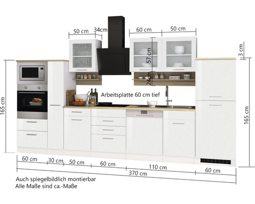 Küchenzeile mit Elektrogeräten und Maßangaben