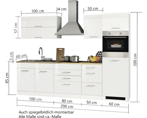 Cuisine complète avec dimensions, comprenant évier, plaque de cuisson, hotte aspirante, meubles hauts et bas
