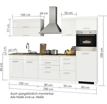 Cuisine complète avec éléments hauts, hotte aspirante, évier, plaque de cuisson et four avec les dimensions