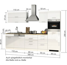 Cuisine équipée avec éléments hauts, évier, lave-vaisselle, tiroirs, cuisinière et hotte aspirante avec dimensions