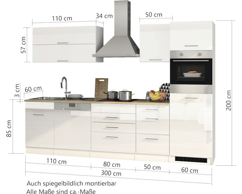 Küchenzeile mit Maßen und Elementen wie Spüle, Geschirrspüler, Herd, Backofen und Dunstabzugshaube