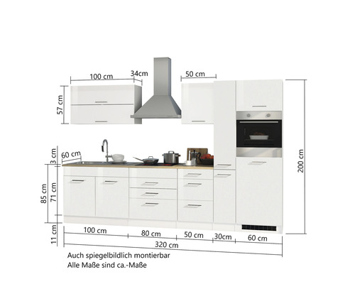 Cuisine équipée avec évier, hotte et four avec dimensions