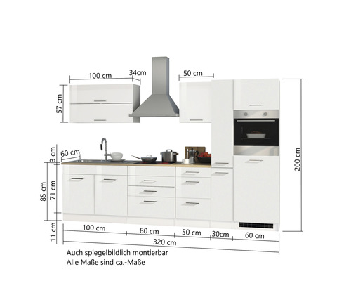 Cuisine équipée avec évier, plaque de cuisson, hotte aspirante, four et espace de rangement avec dimensions