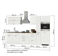 Küchenzeile mit Spüle, Dunstabzugshaube und Elektrogeräten mit Maßangaben