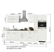 Cuisine linéaire avec évier, hotte aspirante et four encastrable avec dimensions