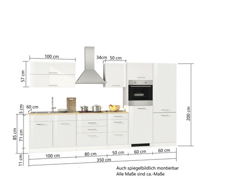 Cuisine équipée avec éléments hauts, évier, cuisinière, hotte aspirante et four encastrable avec indications de dimensions