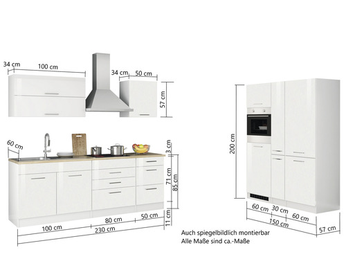 Cuisine linéaire avec dimensions et divers éléments tels que évier, plaque de cuisson, hotte et armoires