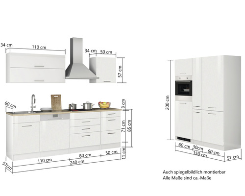 Küchenzeile mit Hängeschränken, Spüle, Kochfeld, Dunstabzugshaube und Hochschrank mit Backofen, Maße
