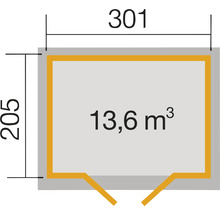 Plan avec dimensions : 301 x 205 cm, volume 13,6 mètres cubes