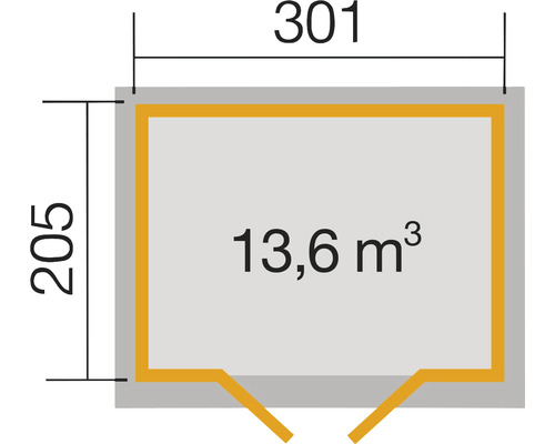 Plan avec dimensions : 301 x 205 cm, volume 13,6 mètres cubes