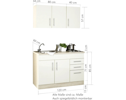 Cuisine équipée avec évier, plaque de cuisson et élément haut avec dimensions