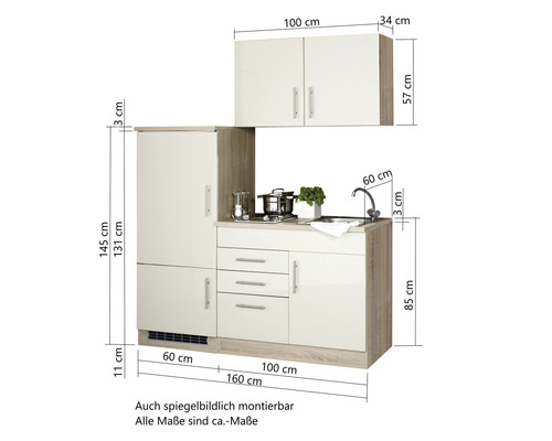 Cuisine compacte avec évier, plaque de cuisson et armoire haute avec dimensions