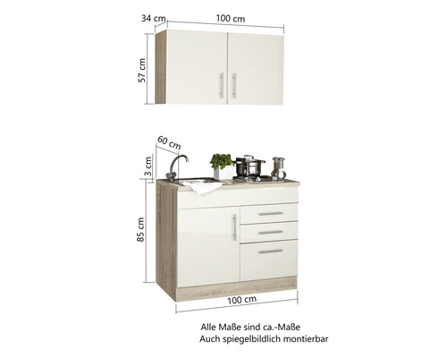 Cuisine compacte avec évier, plaque de cuisson et élément haut avec dimensions