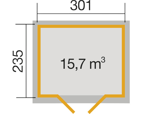Plan avec dimensions : 301 x 235 cm, volume 15,7 mètres cubes