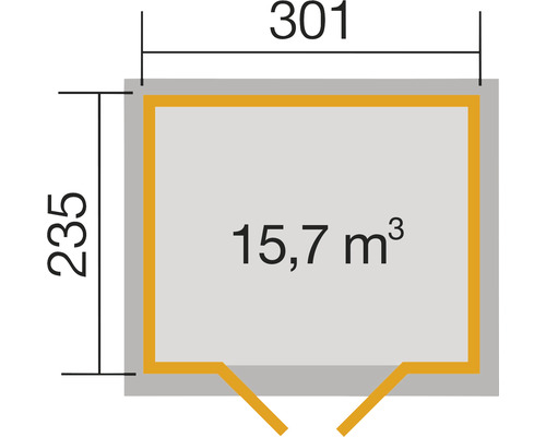 Plan avec dimensions : 301 x 235 cm et volume de 15,7 mètres cubes