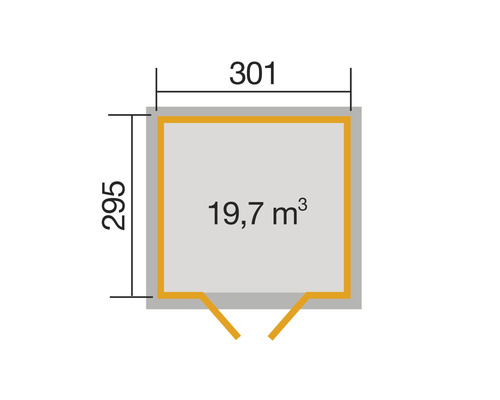 Plan avec dimensions : 295 x 301 cm, volume 19,7 mètres cubes