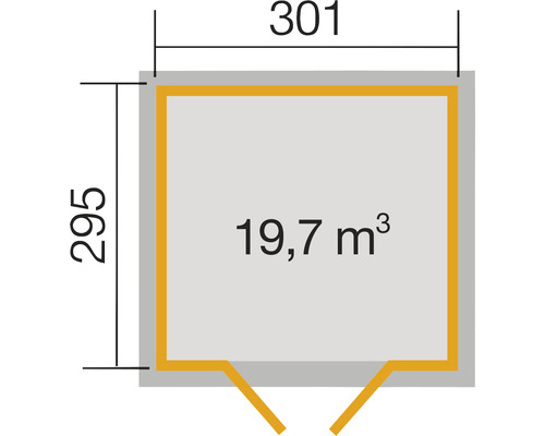 Plan avec dimensions 295 sur 301 et volume 19,7 mètres cubes