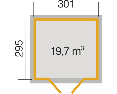 Schéma avec dimensions : 295 x 301 centimètres et 19,7 mètres cubes de volume