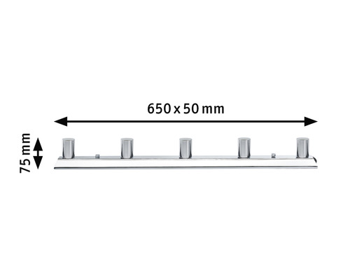 Maße einer Handtuchleiste mit fünf Haken: 650 x 50 Millimeter, Höhe 75 Millimeter
