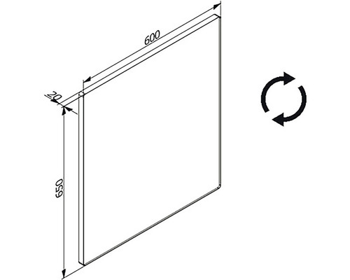 Technische Zeichnung einer Platte mit den Massen 600 x 650 x 20 mm