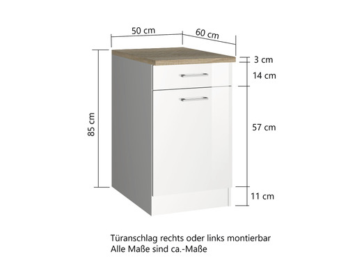 Unterschrank mit Schublade und Tür, Maße dargestellt