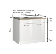Waschbeckenunterschrank mit Spüle und Maßangaben