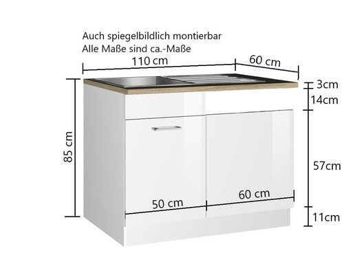 Waschbeckenunterschrank mit Waschbecken und Maßangaben