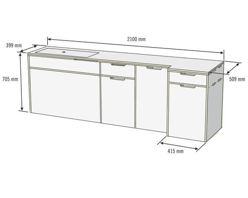 Dessin d''un bloc de cuisine avec évier et tiroirs, dimensions : 2100 mm de longueur, 399 mm de profondeur et 705 mm de hauteur
