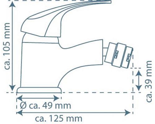 Schéma d''un robinet avec cotes : hauteur d''environ 105 millimètres, diamètre d''environ 49 millimètres, longueur d''environ 125 millimètres, portée d''environ 39 millimètres.