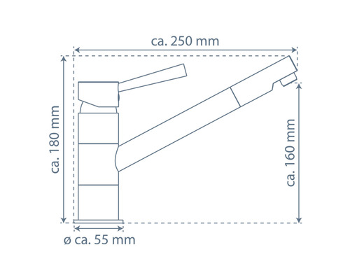 Skizze einer Küchenarmatur mit Maßangaben
