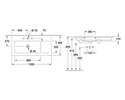 Dessin technique d''un lavabo avec dimensions.