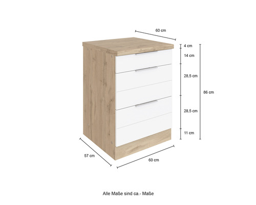 Commode avec cinq tiroirs et indications de dimensions