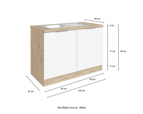Waschbeckenunterschrank mit zwei Türen und Arbeitsplatte inklusive Maßangaben