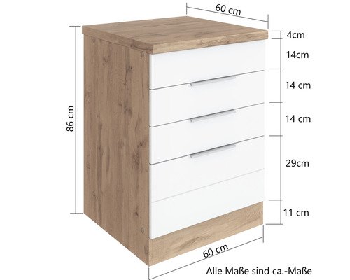 Commode avec cinq tiroirs et indications de dimensions
