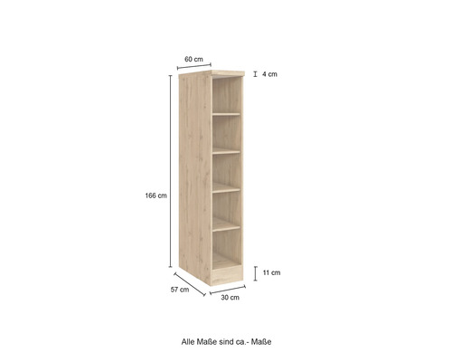 Étagère étroite en bois clair avec cinq compartiments et indications de taille.