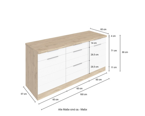 Kommode mit sechs Schubladen und Maßangaben