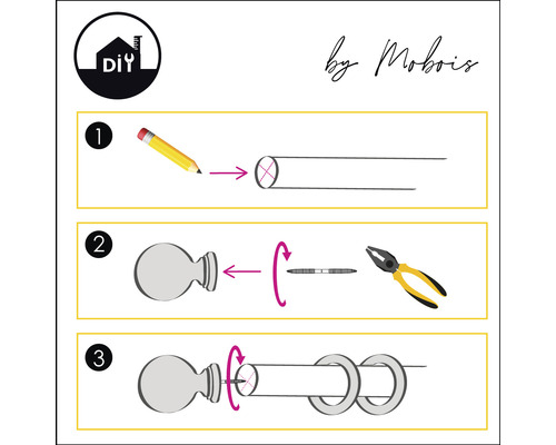 Instructions pour le montage d''une tringle à rideaux avec tringle, embout et anneaux