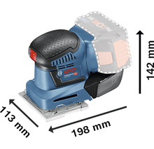 Logo Bosch. Dimensions de la ponceuse vibrante sans fil: 113 mm x 198 mm x 142 mm.