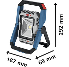 Bosch Arbeitsstrahler mit den Maßen 187 mm Breite, 69 mm Tiefe und 292 mm Höhe.