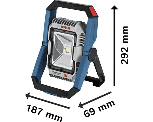 Projecteur de travail Bosch avec des dimensions de 187 mm de largeur, 69 mm de profondeur et 292 mm de hauteur.