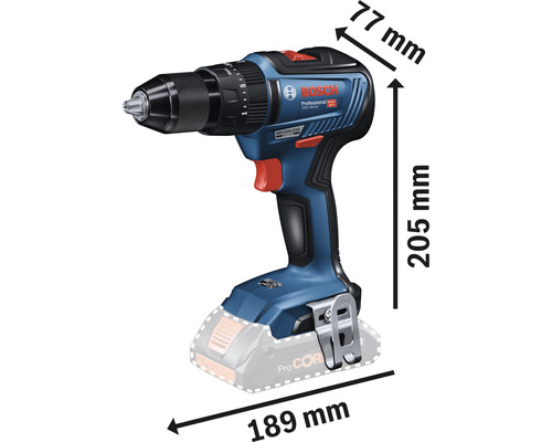 Visseuse-perceuse sans fil Bosch Professional avec les dimensions suivantes : 77 mm de largeur, 205 mm de hauteur et 189 mm de longueur