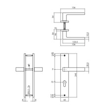Schéma technique d''une poignée de porte avec dimensions