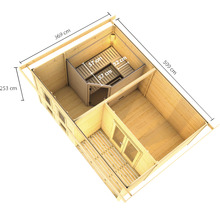 Grundriss einer Gartensauna mit Maßen in Zentimetern.